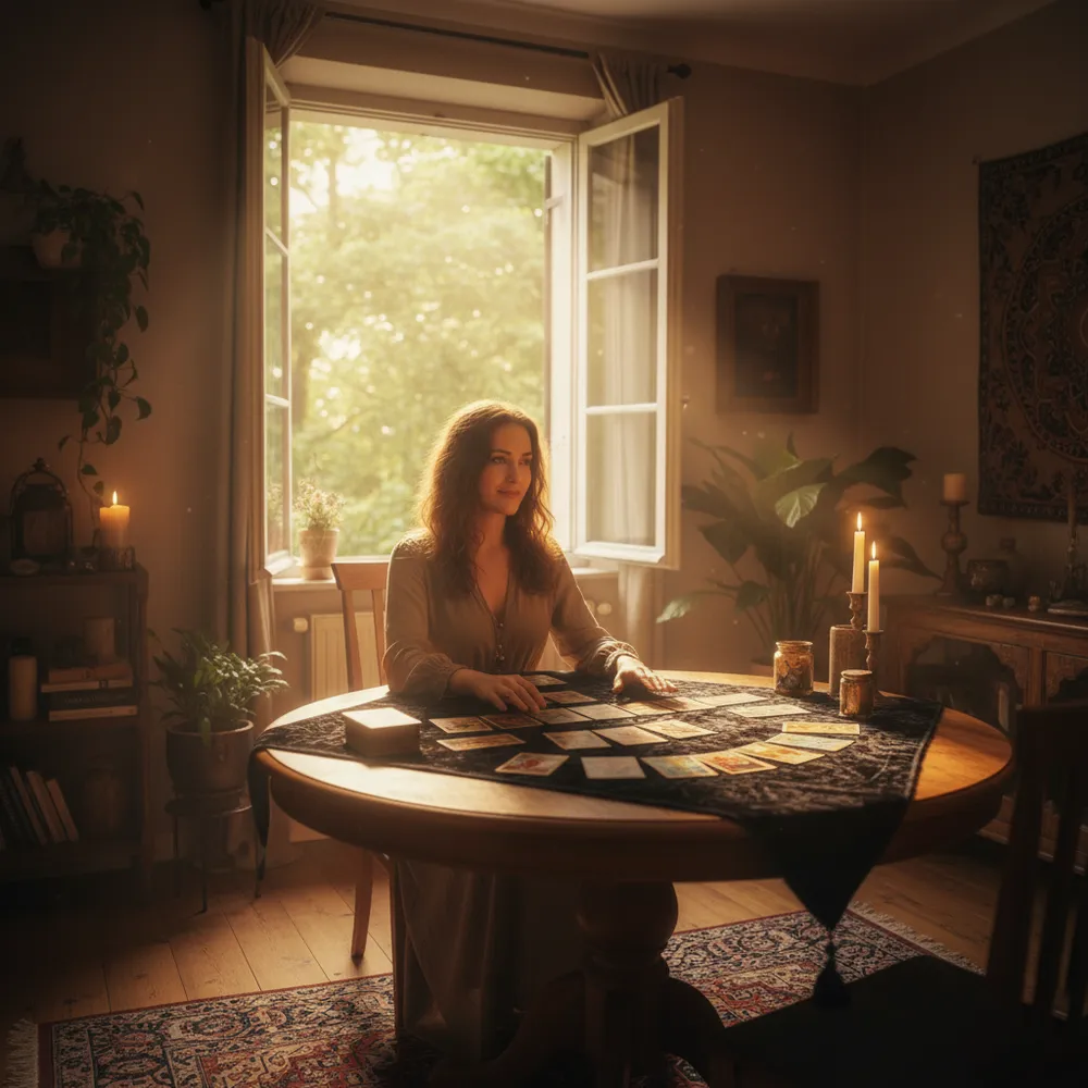 Gemütlicher Beratungsraum mit Tarotkarten und Kerzenlicht
